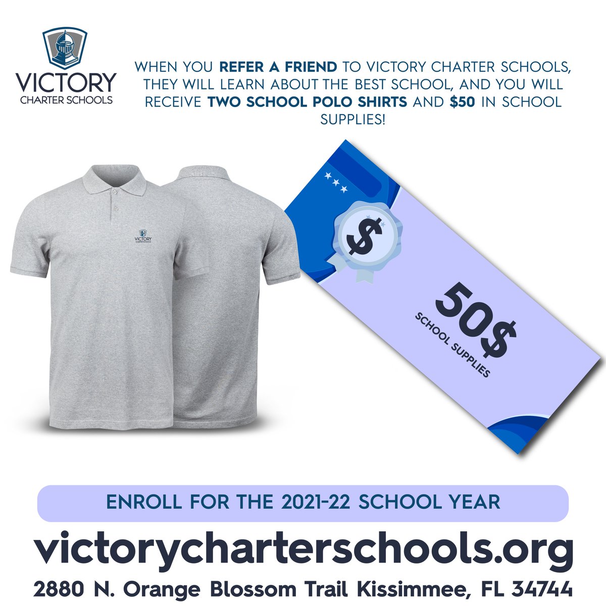 VictoryCharter's tweet photo. When you refer your friends to Victory Charter Schools, everyone wins! They will learn about the best school, and you will receive two school polo shirts and $50 in school supplies!

Enroll today for the 2021-22 school year at https://t.co/n0o5qRTJXD
#referafriend #friends https://t.co/JGbbb3dHBp
