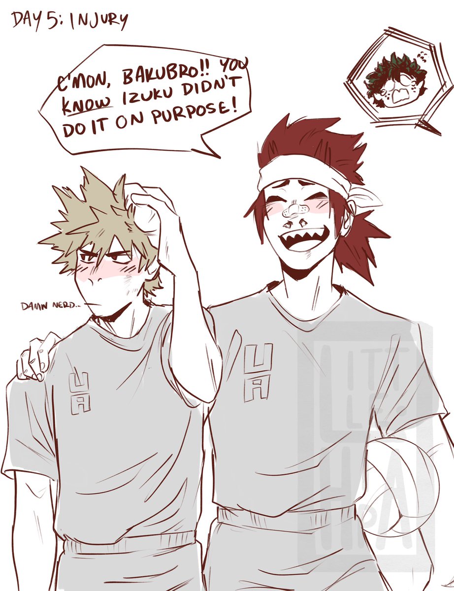 #krbkvolleyballweek 

deku has a killer serve but he missed and hit bakugou in the back of the head. the ball then ricocheted square into kiri's face 