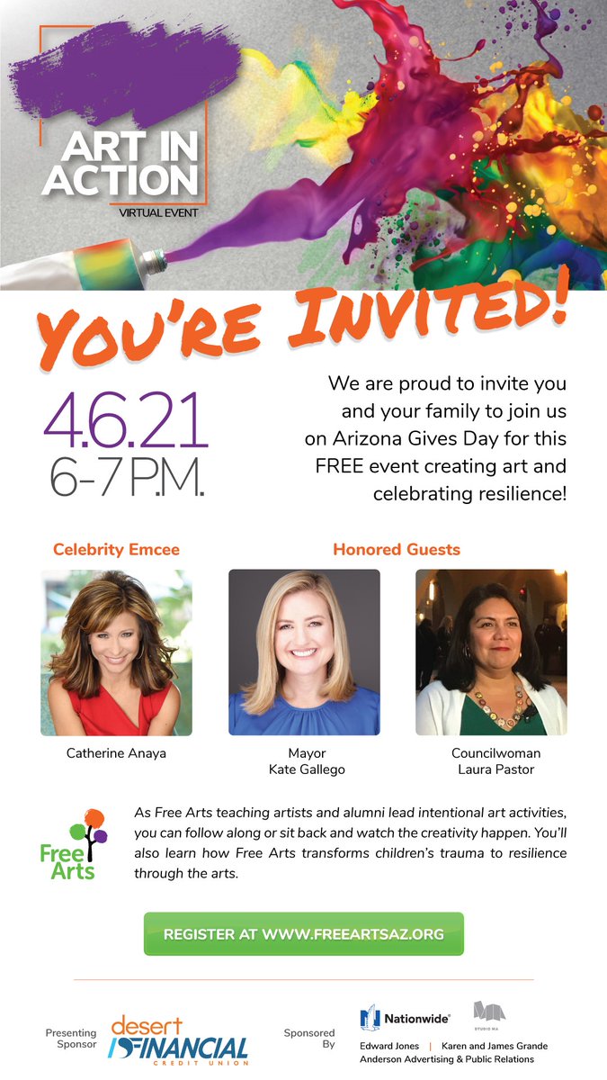 CatherineAnaya's tweet image. @FreeArtsAZ  helps #children transform #trauma into #resilience w/ creative #arts programs. 
Learn more in this episode of #ConversationswithCatherine: youtu.be/7fRogIoIkDI I will MC their Virtual Art in Action event. Register here to join us! 
freeartsaz.org/events/art-in-…
