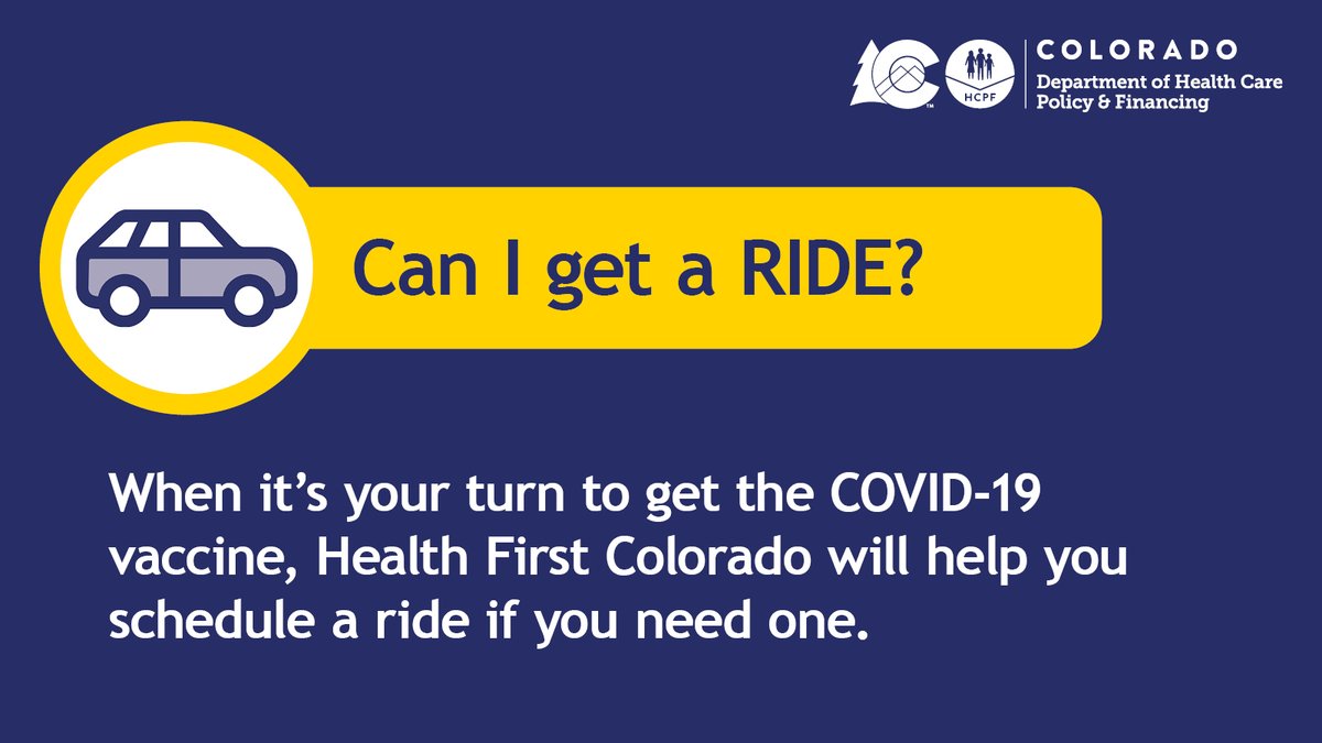 HealthFirstCO's tweet photo. When it’s your turn to get the COVID-19 vaccine, Health First Colorado will help you schedule a ride to your doctor’s office, or reimburse you for one, if needed. Learn how at https://t.co/wKgWexCGcY
-
-
#COVID19Colorado #CovidVaccine #CoronavirusColorado #HealthFirstColorado https://t.co/p8K1A9zAoo