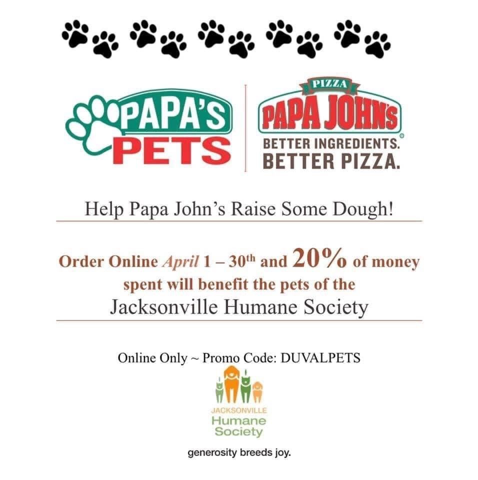 jaxhumane's tweet photo. Do you love pizza and helping pets in need? 🍕🐾

Use promo code DUVALPETS when ordering online from Papa John’s now - April 30 and 20% of your order total will benefit the pets at JHS!

Huge thanks to Papa John's Pizza for this opportunity. 😊

#PapasPets #JaxHumane https://t.co/TF4D7qQBAT