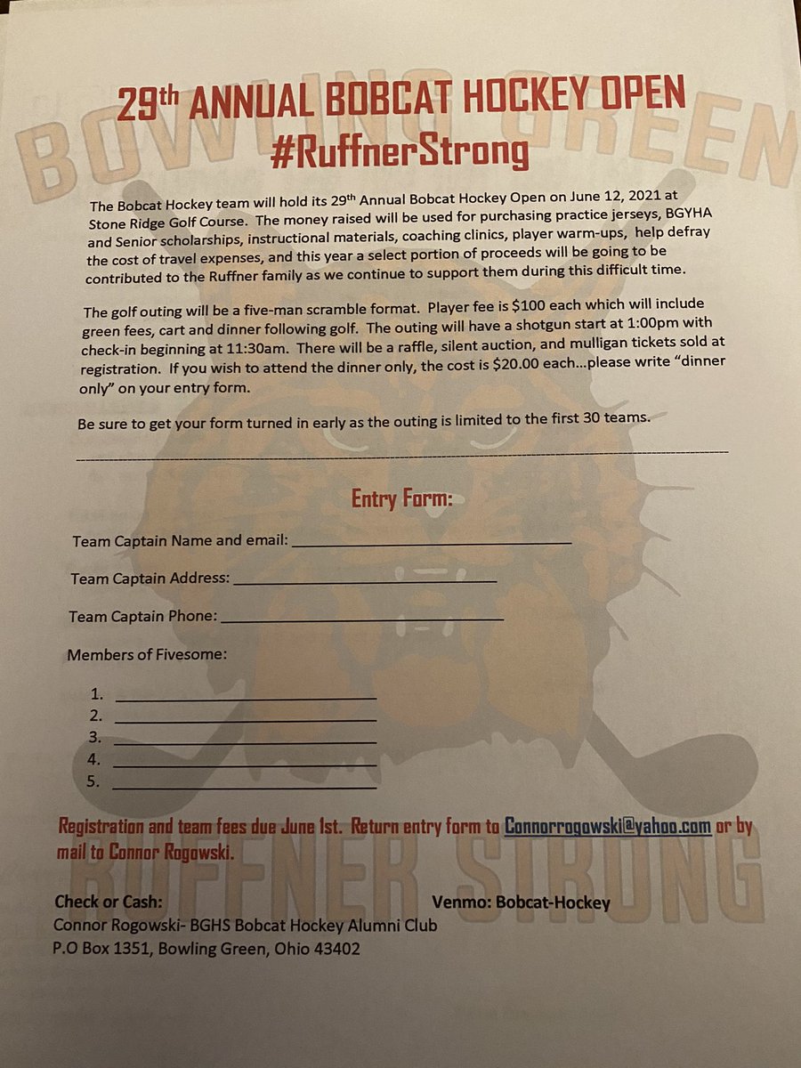 bgbobcathockey's tweet photo. BOBCAT GOLF OUTING ALERT ⛳️⛳️ here are the sponsorship and sign up forms for the Bobcat Golf outing on June 12th! Please distribute and spread the word. Get your teams and sponsorships in fast as we will fill up quickly! #bobcatproud #ruffnerstrong @nwhockeyconf @BGHS_AD https://t.co/yYymt1MzmC