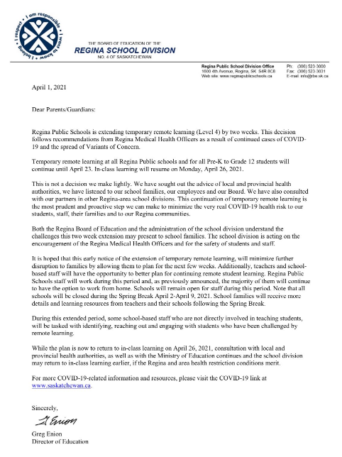 RegPublicSchool's tweet photo. Regina Public Schools extends remote learning. In class learning will resume for Pre-K to Grade 12 students on Monday April 26th. Read details here: https://t.co/93qhF9ftzR https://t.co/1GbwEd2tfI