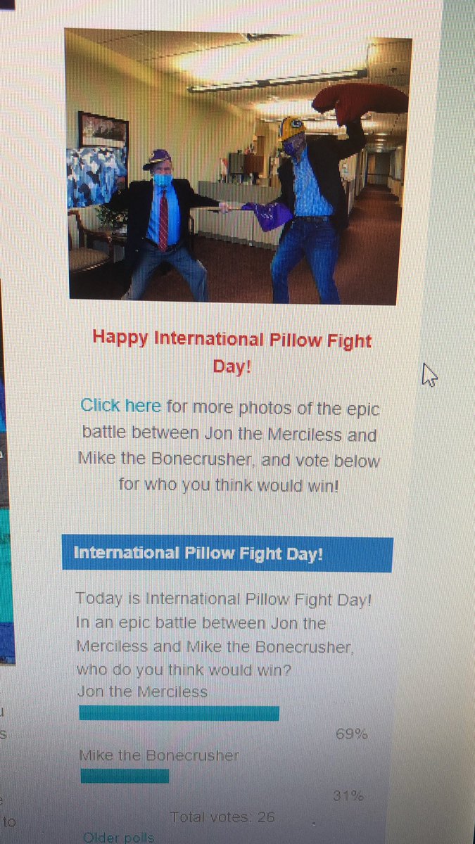 Always adding fun into our workday <a href="/Royal_CU/">Royal Credit Union</a> #RoyalCulture #RoyalRocks #Teammembersmatter #friendlycompetition <a href="/JonHehli/">Jon Hehli</a> #internationalpillowfightday #winner?#teammembersvote