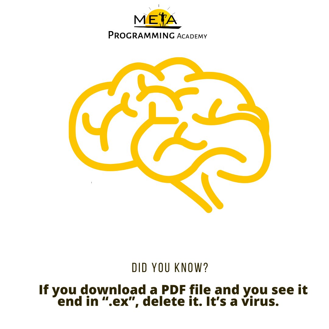 MetaProgAcademy's tweet image. If you download a PDF file and you see it end in “.ex”, delete it. It’s a virus.
#MpAcademy
#MetaProgrammingAcademy
#AlternativeEducation
#DidYouKnowFacts
#FactThursday