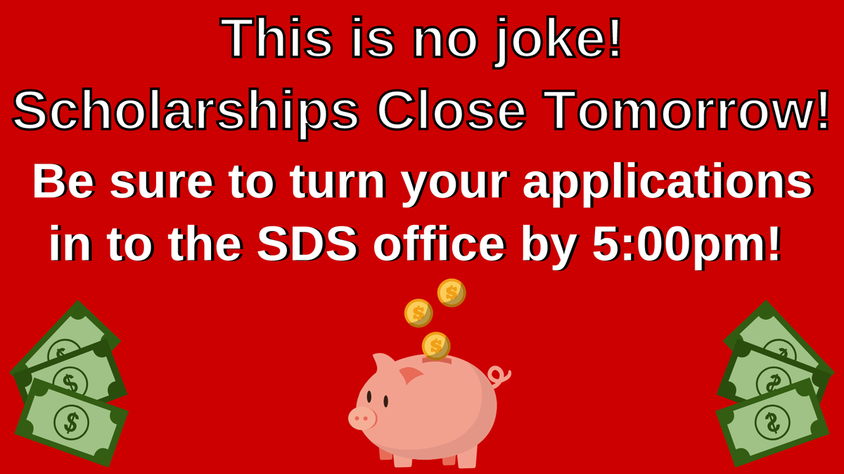 ttu_sds's tweet photo. This is no joke! SDS Scholarships Close Tomorrow! Be sure to turn your applications in to the SDS office by 5:00pm! #ttusds #studentdisabilityservices #disabilityservices #scholarships #ttu #texastech #texastechuniversity #redraiders https://t.co/UBSg64OfNv