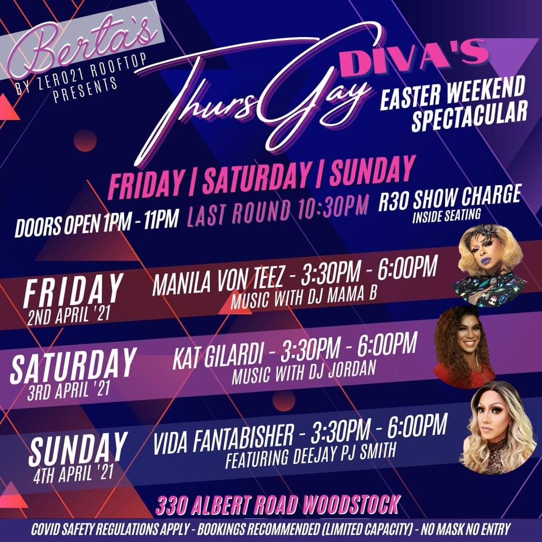 ManilaVonTeez's tweet photo. This weekend at #Bertas (powered by @Zer021Rooftop) the #ThursGay Team are taking over! @ManilaVonTeez Friday &amp; @kat_carl Saturday! @AlexTabisher &amp; @PJ_Smith1 Take care of Sunday! Please support! #Drag #supportlocaltalent https://t.co/TRZvdPDhTH