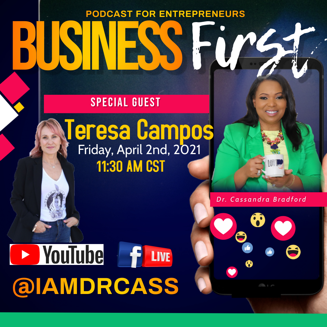 drcasswilson's tweet photo. Don't miss our next podcast April 2,2021 with our special guest: Teresa Campos on the Business First Podcast with Dr. Cass https://t.co/TervBtnvfC