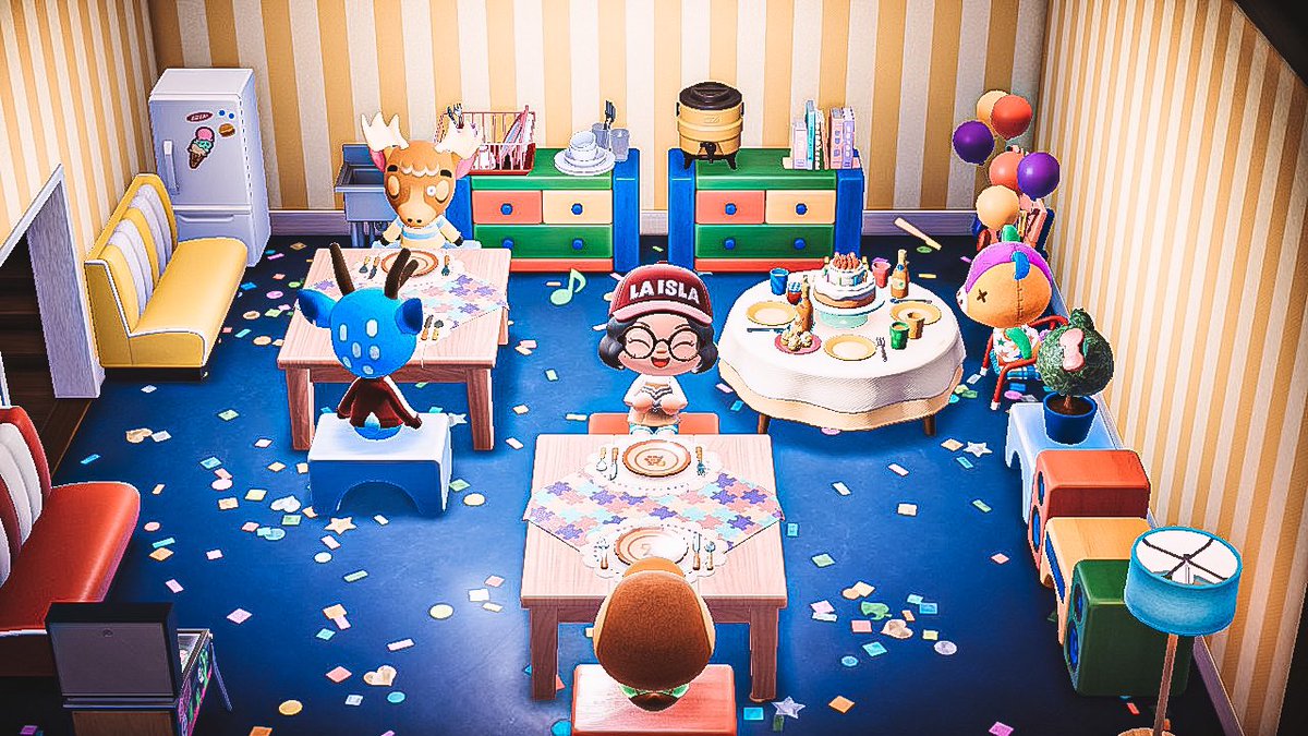 samtheruffian's tweet photo. Yesterday during @finessecrossgrl’s stream I designed a little kidcore birthday party for Stitches! Kind of a basic Chuck E Cheese vibe but as someone who doesn’t do Kidcore I loved making it! 🎈 (Umber Preset by @ACNH_Philbear) https://t.co/TjiGGXYZhB