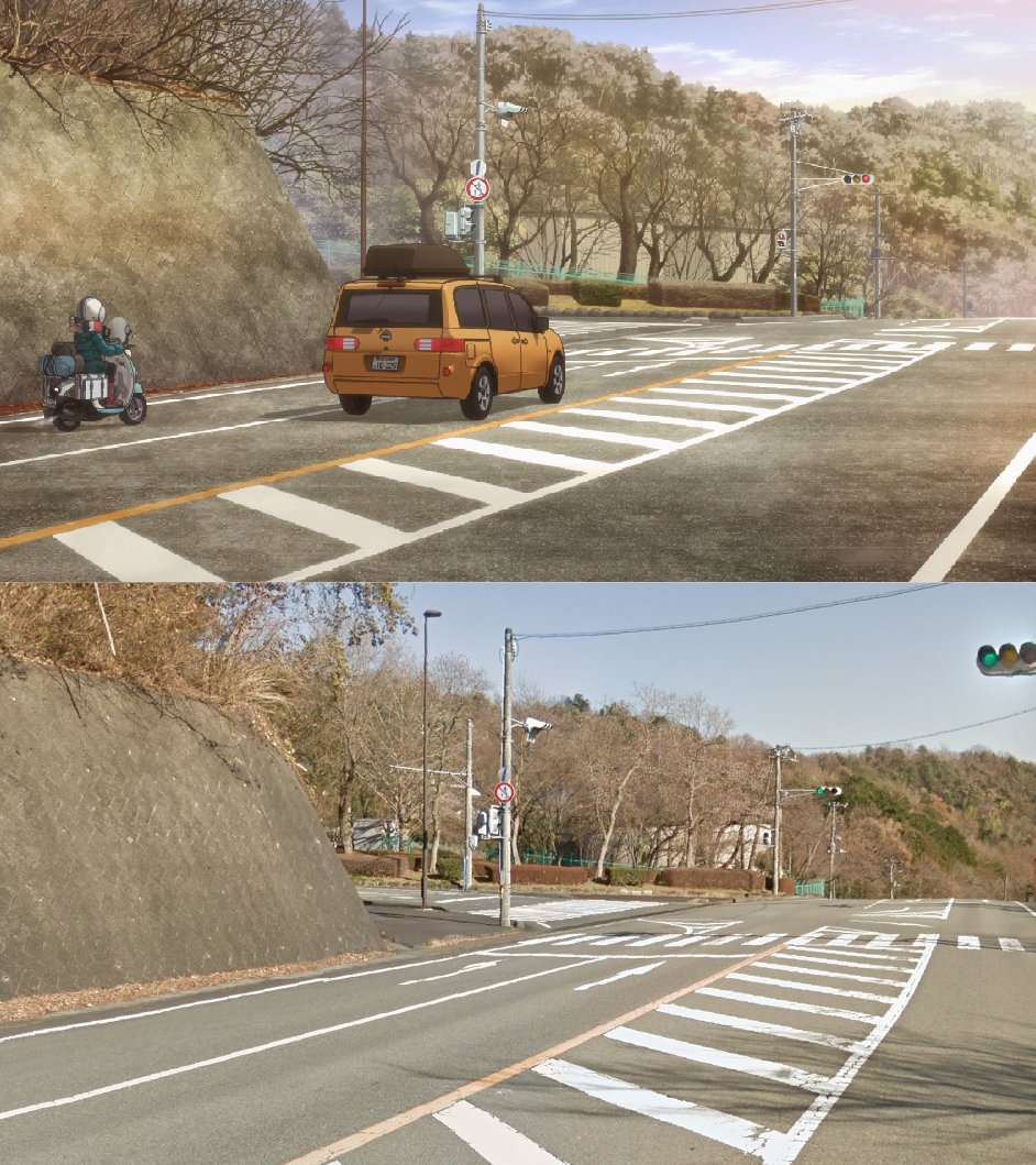 Surwill's tweet photo. Some roadside comparisons near Shuzenji Onsen from today’s final episode of Laid-Back Camp #ゆるキャン https://t.co/xXXtLLXWkQ