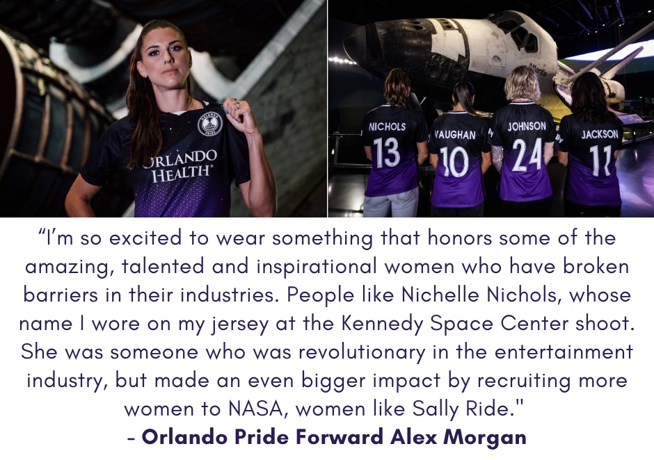 WIMthefilm's tweet photo. Love seeing @alexmorgan13 wear Nichelle Nichols' name on her @ORLPride jersey, paying tribute to Central Florida’s iconic Space Coast and the many trailblazing women whose accomplishments inspired generations! 🌟 #AdAstra21 #NWSL https://t.co/bLVr6qZvGj