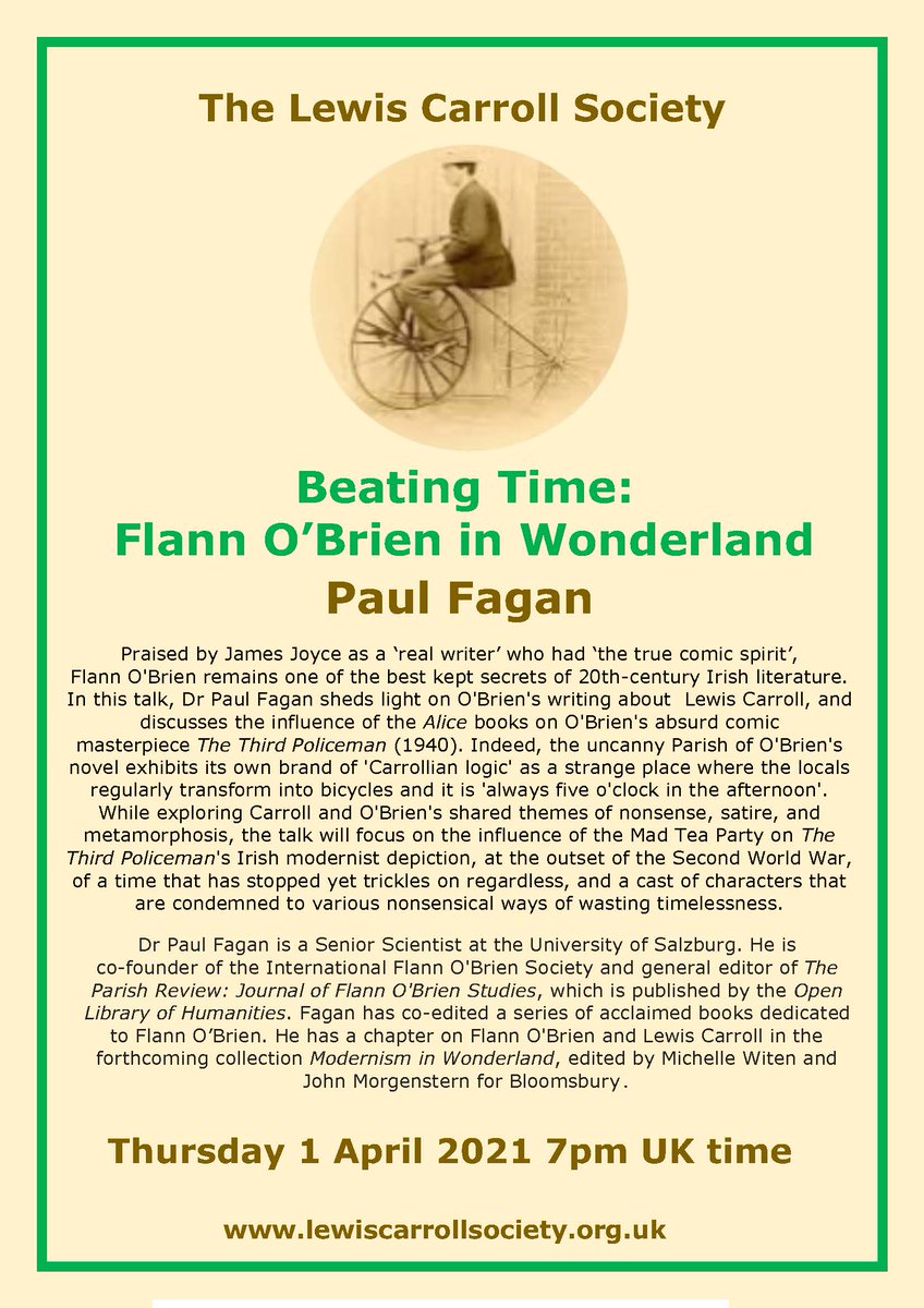 FlannOBrienSoc's tweet photo. Last Reminder for today's online #Mylesday lecture on "Flann O'Brien & Alice in Wonderland", hosted by @LewisCarrollSoc, beginning at 19:00 Dublin Time
Places are limited to 100, so make sure to join early to avoid disappointment!
Link here: https://t.co/BJsmh5uV5l
🐇🎩🕔🚲👮⚛️ https://t.co/uz9K44UV3O