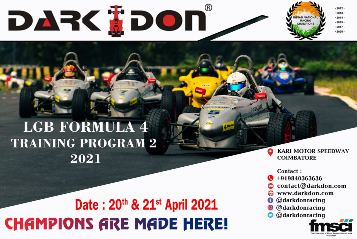 DarkDonRacing's tweet photo. Dark Don Racing once again presents an opportunity for aspiring racers to learn the ropes under the watchful eyes of our Champion Drivers.
The Training program is held at Kari Motor Speedway in Coimbatore on 20th &amp; 21st April 2021 !
Limited slots only ! https://t.co/OvnMwJlWdk