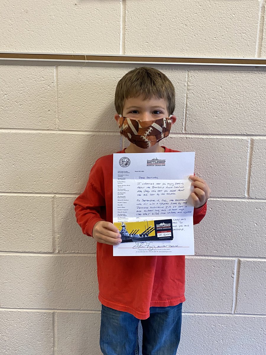 This first grader was so excited to find a book about the North Carolina Battleship and was even more excited that a staff member had a connection to the Battleship.  <a href="/NewHanoverCoSch/">New Hanover County Schools</a> <a href="/foustc/">Charles Foust, Ed.D</a> #NHCSLeadingTheWay #NHCSchat