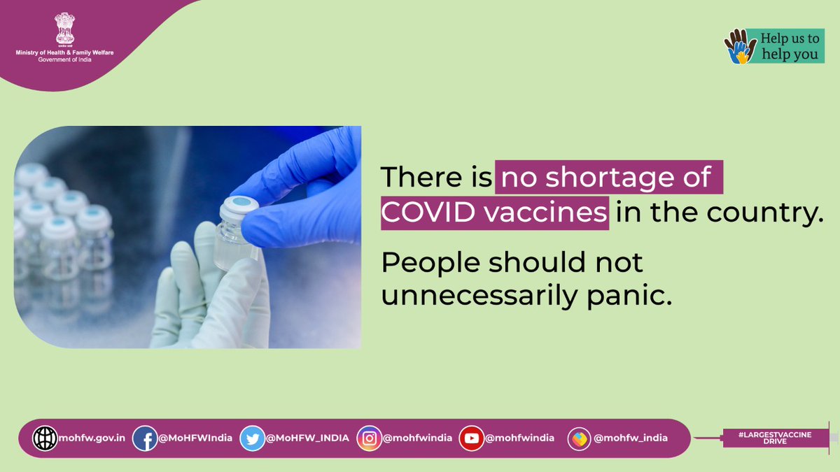 MoHFW_INDIA's tweet photo. #LargestVaccineDrive
#Unite2FightCorona

Do not believe in rumours and fake news. There is no shortage of #COVID19 vaccines in India. Remain calm, register yourself and get vaccinated on your turn. https://t.co/xgVrAKfKMk