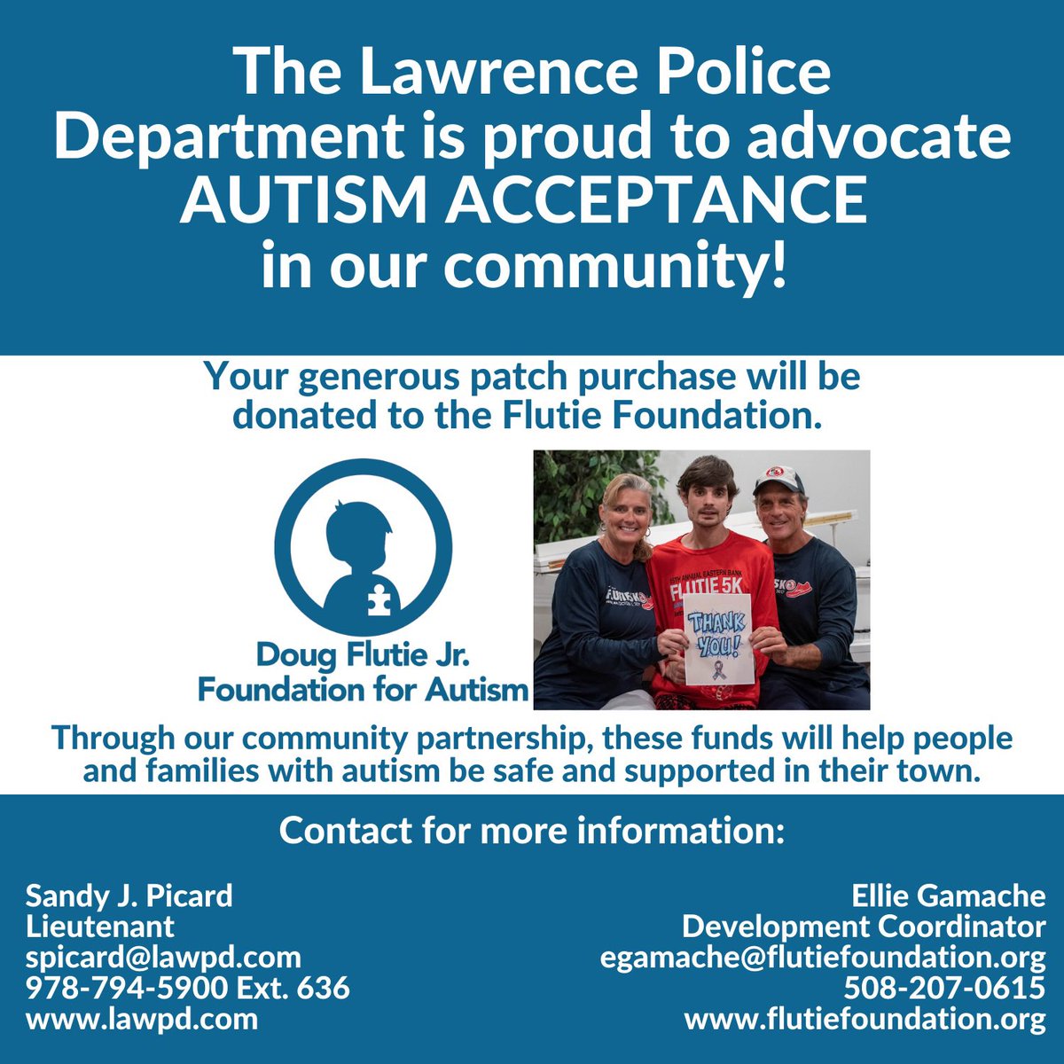lawrencepolice's tweet photo. Lawrence Police 🚓 is partnering with the Doug Flutie Jr. Foundation for Autism @flutiefdn @DougFlutie 🧩 Lawrence Police are selling their signature LPD Autism patch for $10 each. All proceeds will be donated to Flutie Foundation 💙@autismspeaks @autismawareness @autismeats https://t.co/bAcjv2PqGp