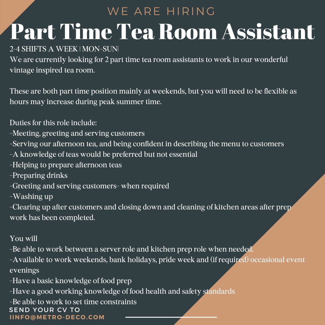 We are hiring!! 

If you are interested please email a CV and covering letter to:
info@metro-deco.com

#Brighton #Metrodeco #jobs #jobsearch #HospitalityJobs