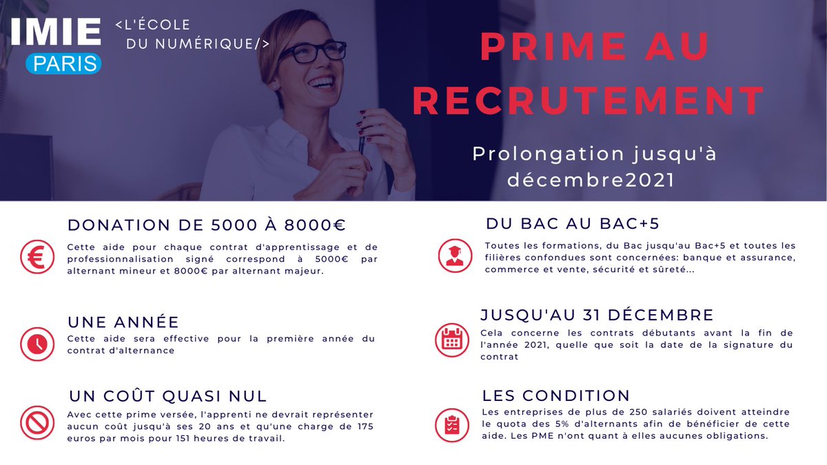 ❗#PRIME_DE_RECRUTEMENT ❗

L'aide financière versée aux entreprises recrutant des alternants du Bac au Bac+5 est prolongée jusqu'à la fin de l'année 2021.

Pour recruter vos futurs talents, contactez-nous par :
📥 contact@imie-paris.fr
📞 01 41 05 73 80
#IMIE #Paris #Levallois