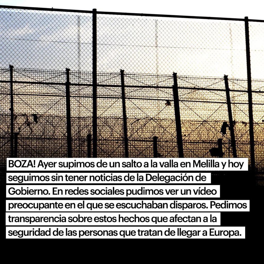 SolidaryW's tweet photo. 📣BOZA!

Tras el nuevo salto a la valla en #Melilla falta claridad de la @DelegGobMl. En los vídeos se escuchan disparos que han podido poner en peligro a personas que buscan seguridad en Europa. Reclamamos transparencia sobre el salto y la actuación policial. 

¡Vías seguras YA! https://t.co/2TeHl6GlUu