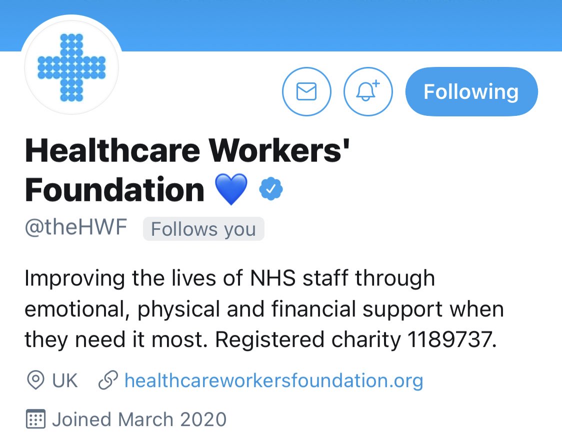 NHSMillion's tweet photo. Can we ask you all a favour? 

@TheHWF is an amazing charity that works tirelessly to provide physical, emotional and financial support for NHS staff who really need it.

Can we please get them up to 10,000 followers this weekend?

Please follow and RT and show them some love 💙 https://t.co/uaje3jI25B