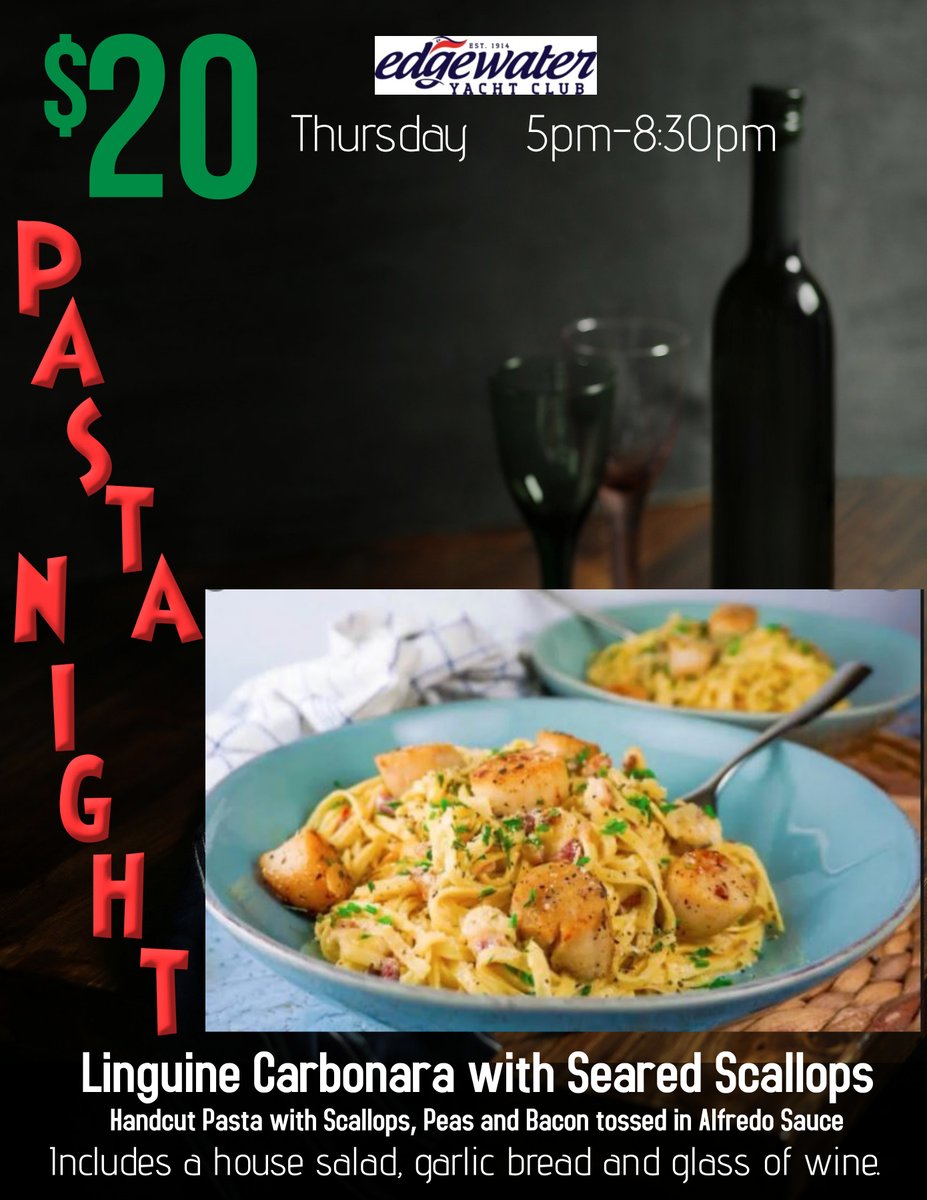 No Kidding...for $20 you can enjoy this delicious Linguine Carbonara with Seared Scallops, house salad, garlic bread and a glass of wine!  Serving 5pm-8:30pm.  See you for dinner!