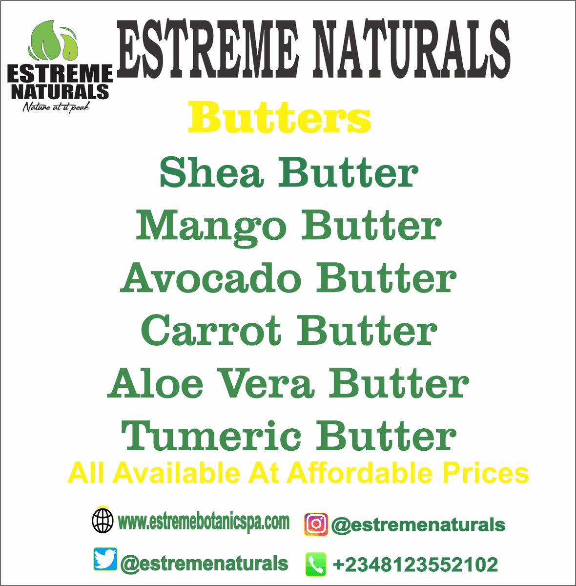EstremeNaturals's tweet photo. Butter is a dairy product made from the fat and protein components of milk or cream.
#estremenaturalsplus
#carrotbutter #mangobutter #sheabutter #avacadobutter #tumericbutter #skincare #skinhealth #aleoverabutter #health #healthyliving #healthylifestyle #herbalife #mullberry https://t.co/Iu9YqSoCla