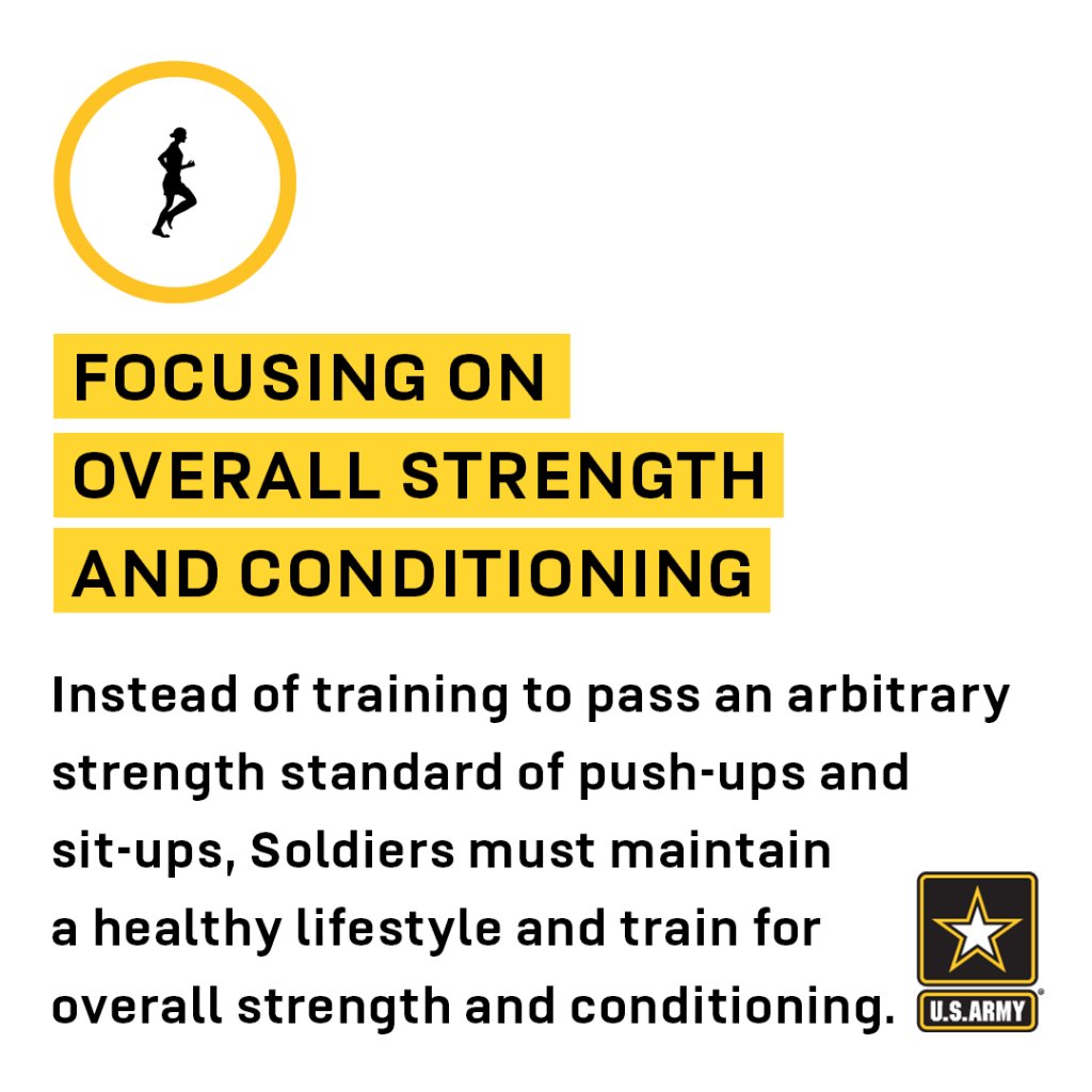 USArmy's tweet image. Focusing on overall strength and conditioning: Instead of training to pass an arbitrary strength standard of push-ups and sit-ups, #Soldiers must maintain a healthy lifestyle and train for overall strength and conditioning.

#ACFT | #ArmyFit