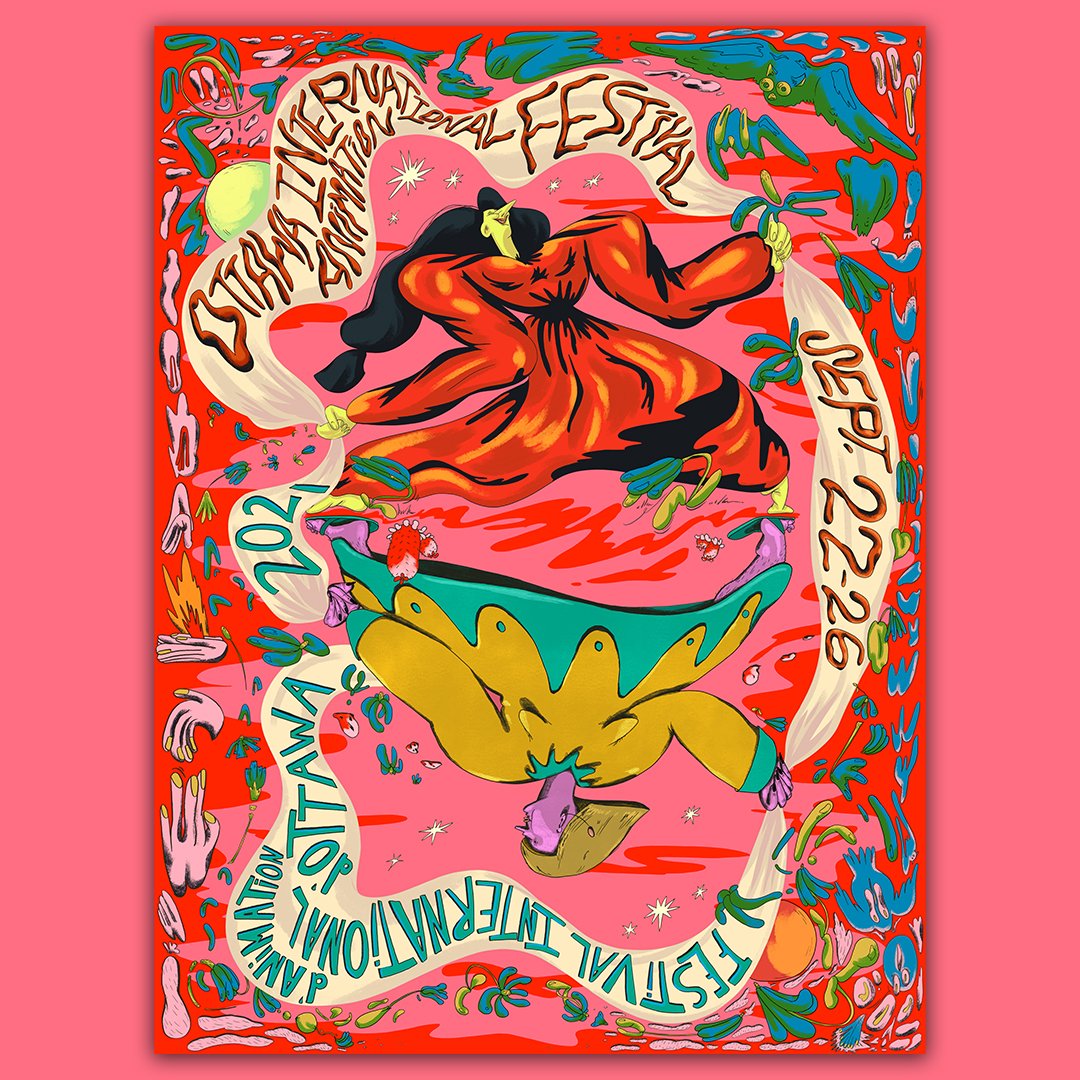 OIAF_Animation's tweet photo. Angela Stempel and Amanda Bonaiuto, poster artists for OIAF21, speak to the love and passion that surrounds festivals, and how that translated into their artwork. "Our poster is a literal reflection of that joy." Read their full statement on the piece here https://t.co/LKttMxxgZu https://t.co/8ugDA9pfms