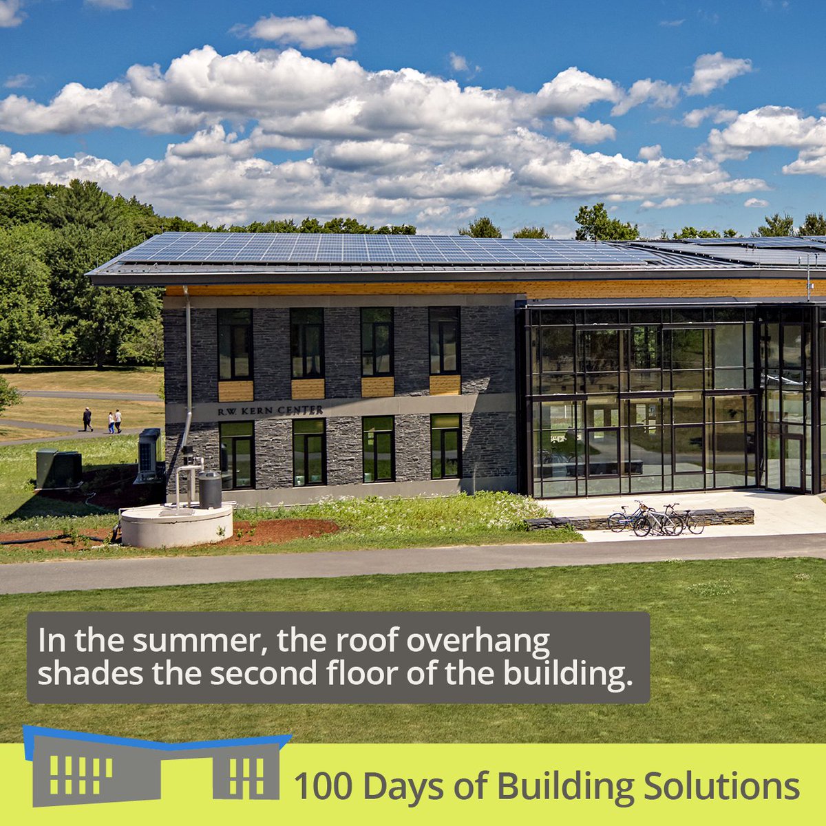 Kern_Center's tweet photo. The R.W. Kern Center sits on an east-west orientation with a roof that slants down toward the south. These two #PassiveDesignStrategies optimize how much #energy we generate with our solar panels and how much light enters the building. #BuildingOrientation https://t.co/VYgHEMYesp
