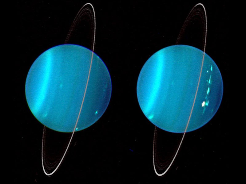An infrared composite image of the two hemispheres of Uranus obtained with Keck Telescope adaptive optics. Image Credit: Lawrence Sromovsky, University of Wisconsin-Madison/W.W. Keck Observatory