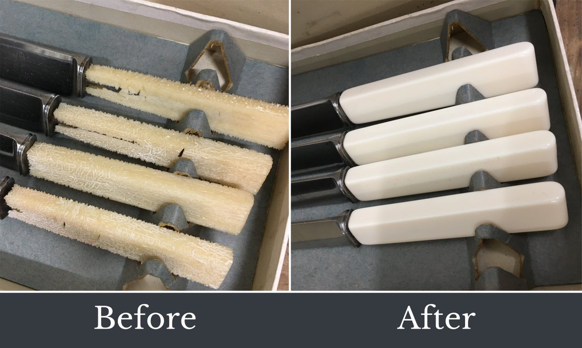 HospitalCutlery's tweet photo. Just look at the difference 😱

We replaced these old handles with new dishwasher safe ones  making the knives as good as new ready to be used for many more years to come!

#cutleryhospital #sheffield #likenewagain #knives #repairedbyhand #repaired #dishwashersafe #creamhandled https://t.co/oZabmWpdiG