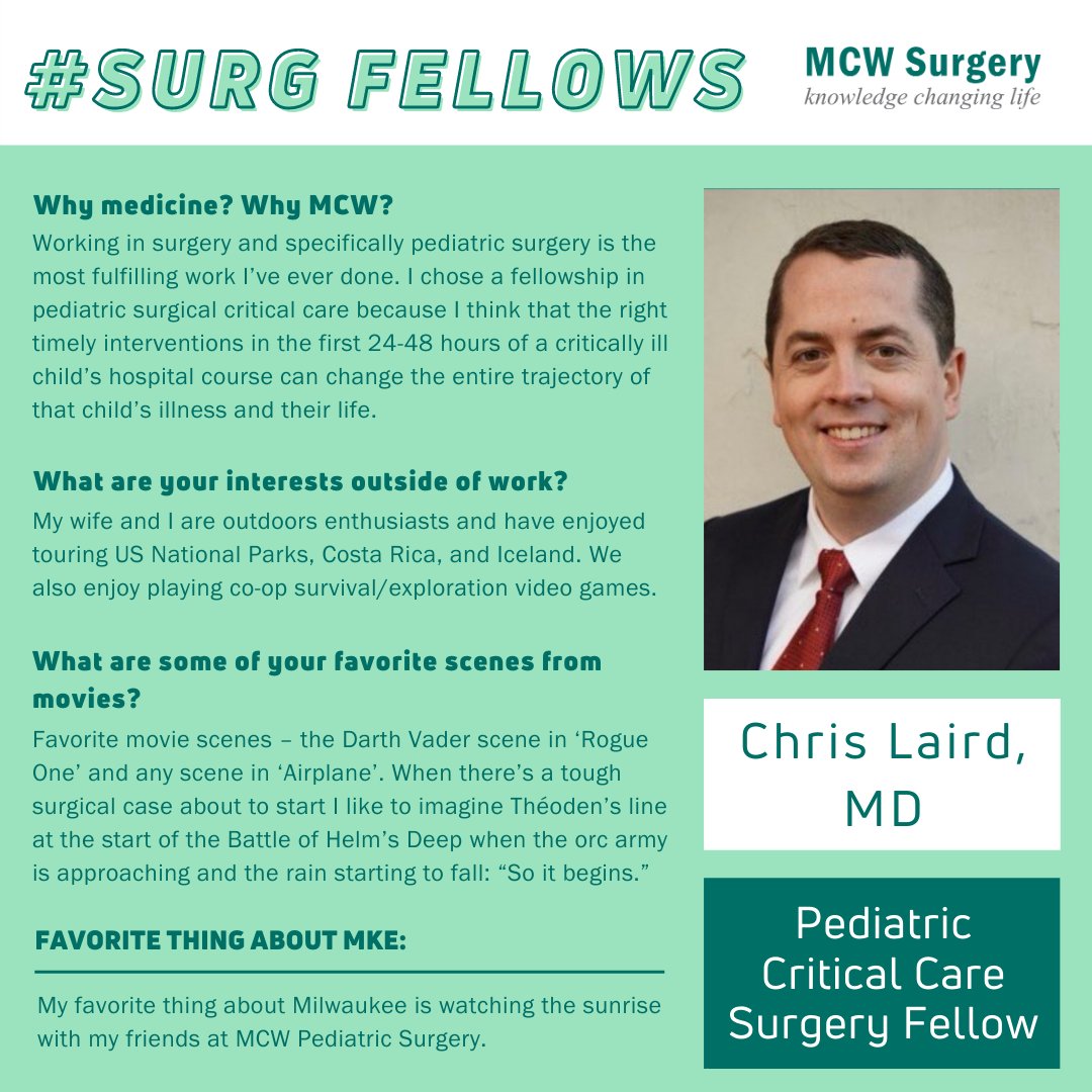 MCWSurgery's tweet photo. Today's #SurgFellows feature is Dr. Chris Laird! Chris is a pediatric critical care surgery fellow & chose PEDS because of its positive impact on critically-ill children. Outside of surgery, Chris enjoys spending time outdoors & gaming. โฐ๐ฎ @nECkM0 #WhyMCWSurgery @MCWPedSurg https://t.co/qrRbo5o2NI