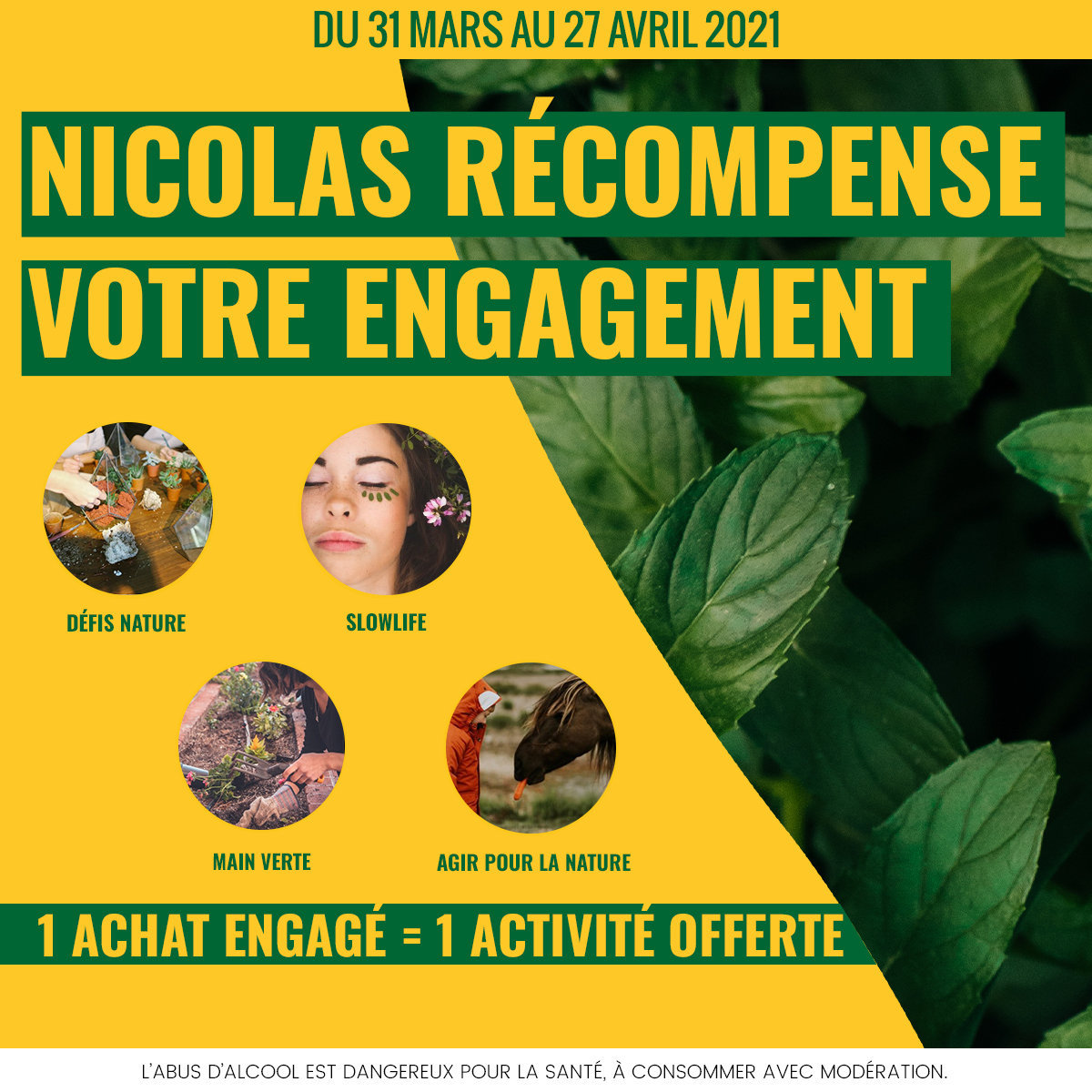 En ce moment chez Nicolas,  profitez d'une activité offerte pour l'achat d'une bouteille de la gamme des vins engagés 
Offre valable jusqu'au 27 Avril 2021 !