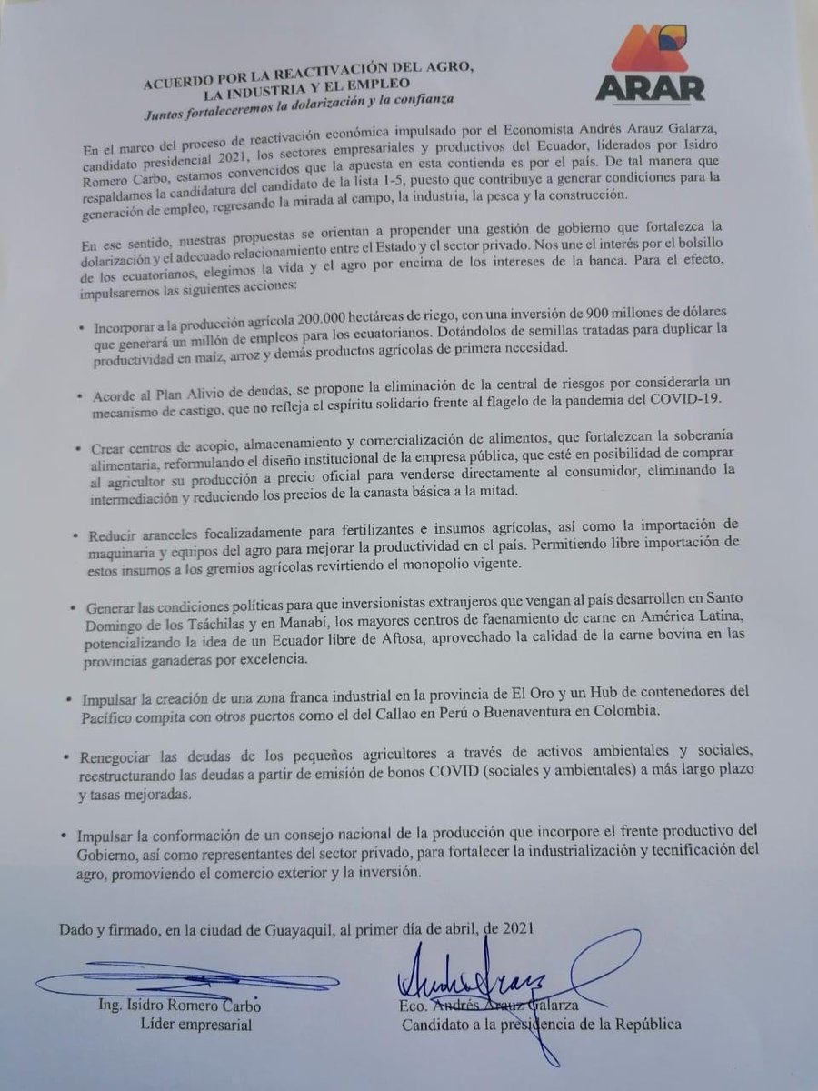 ¡Un día histórico para el #Ecuador! 

El acuerdo que acabamos de firmar con el economista <a href="/ecuarauz/">Andrés Arauz</a>, próximo presidente de la República.

Por primera vez en este país empresarios, gremios y  gobierno trabajaremos en beneficio del pueblo ecuatoriano y no de las élites.