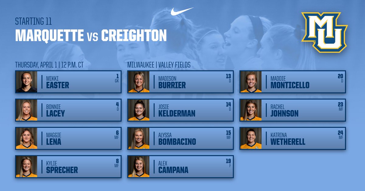MarquetteWSOC's tweet photo. STARTING 11: Easter back in net for MU and Maggie Lena gets a start on Senior Day. Good luck!

🎥 https://t.co/cGccT2MAoP
📊 https://t.co/5j5tzihNUN https://t.co/UmC7fFPeIc