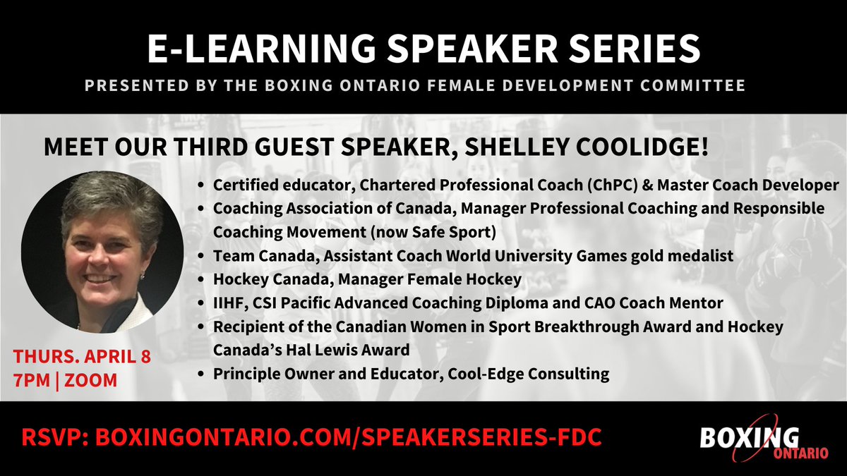 BoxingOntario's tweet photo. The E-Learning Speaker Series continues next Thursday, April 8. We're thrilled to introduce our third speaker, @Coolie_10! More info at https://t.co/OCMs7WDrQZ https://t.co/AwUDyrKqhW