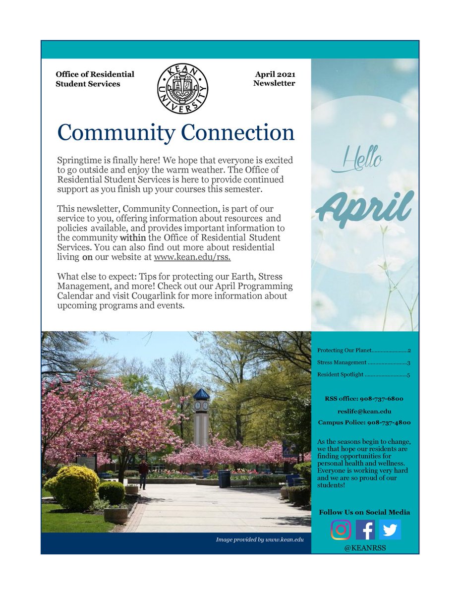 April is here, and so is our April Newsletter! We have some information about health and wellness, highlights for the month, and more! Please check your Kean email for more information.
