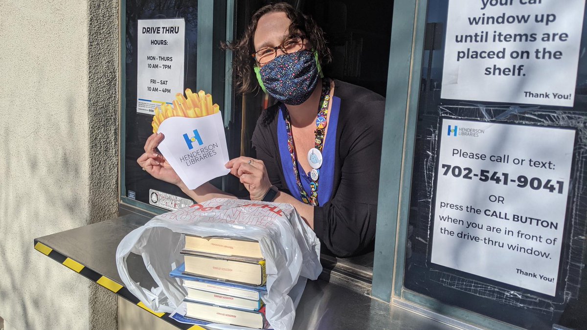 hendersonlibs's tweet photo. Today only! Free large fries 🍟 when you pick up your books 📚 from the drive-thru 🚗 at the #GibsonLibrary!

#AprilFools!!! 🤗😜🤣 But we really do have a drive-thru window for picking up your holds. It’s so convenient!
 
#hendersonlibraries #AprilFoolsDay https://t.co/ieAB41qxgL