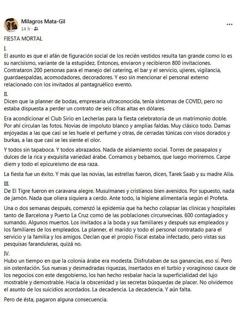 Ibéyise Pacheco on Twitter: "Obligatorio es reproducir el escrito de Milagros Mata Gil, ahora detenida por satirizar la presencia de Tarek William Saab en una boda en el estado Anzoátegui."