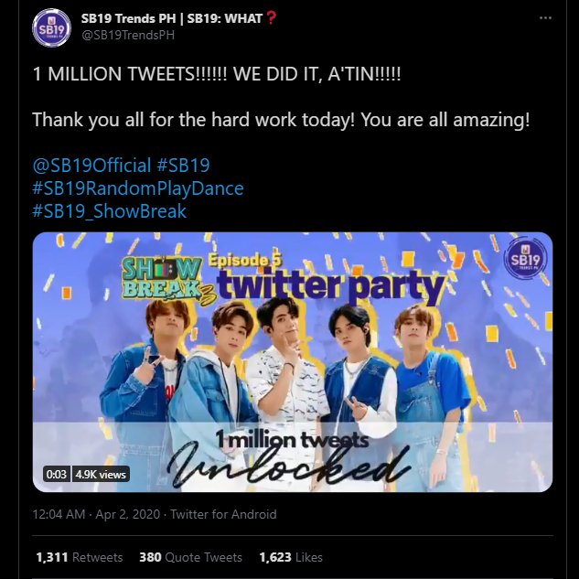 OrasSb19's tweet photo. Throwback Friday
One year ago today, matagumpay nating nakuha ang kauna-unahan nating 1M Tweet counts para sa hashtag na #SB19RandomPlayDance.
@SB19Official
#STANWORLD #SB19
#HappySB19xATINDay https://t.co/NBXQQ2WSyt