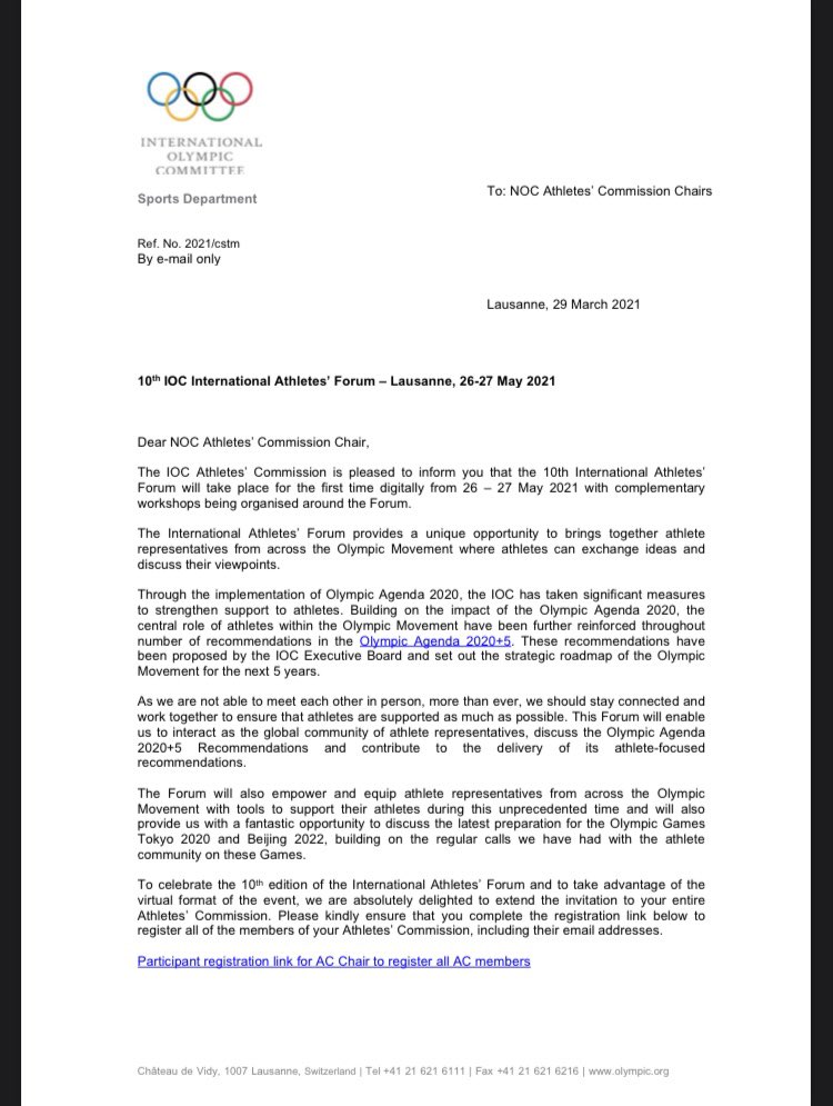 CentroCaribeS's tweet photo. The International Olympic Committee (IOC) Athletes Commission (CA) invites the Athletes Commissions of the 206 National Olympic Committees (NOCs) to the 10th International Athletes Forum.

Deadline: April 15, 2021.

🔗👉: https://t.co/FuNsCOGqBB https://t.co/t23DTsr5cB