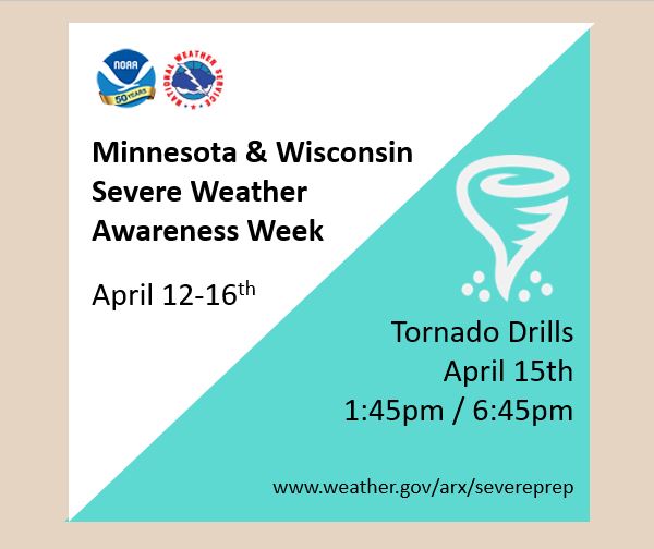 Minnesota & Wisconsin have their Severe Weather Awareness Week April 12-16, 2021. Weather permitting, statewide drills will be held in both states on April 15th. #SWAW #TornadoDrillWI #TornadoDrillMN #mnwx #wiwx https://t.co/cDWNAV8rHX