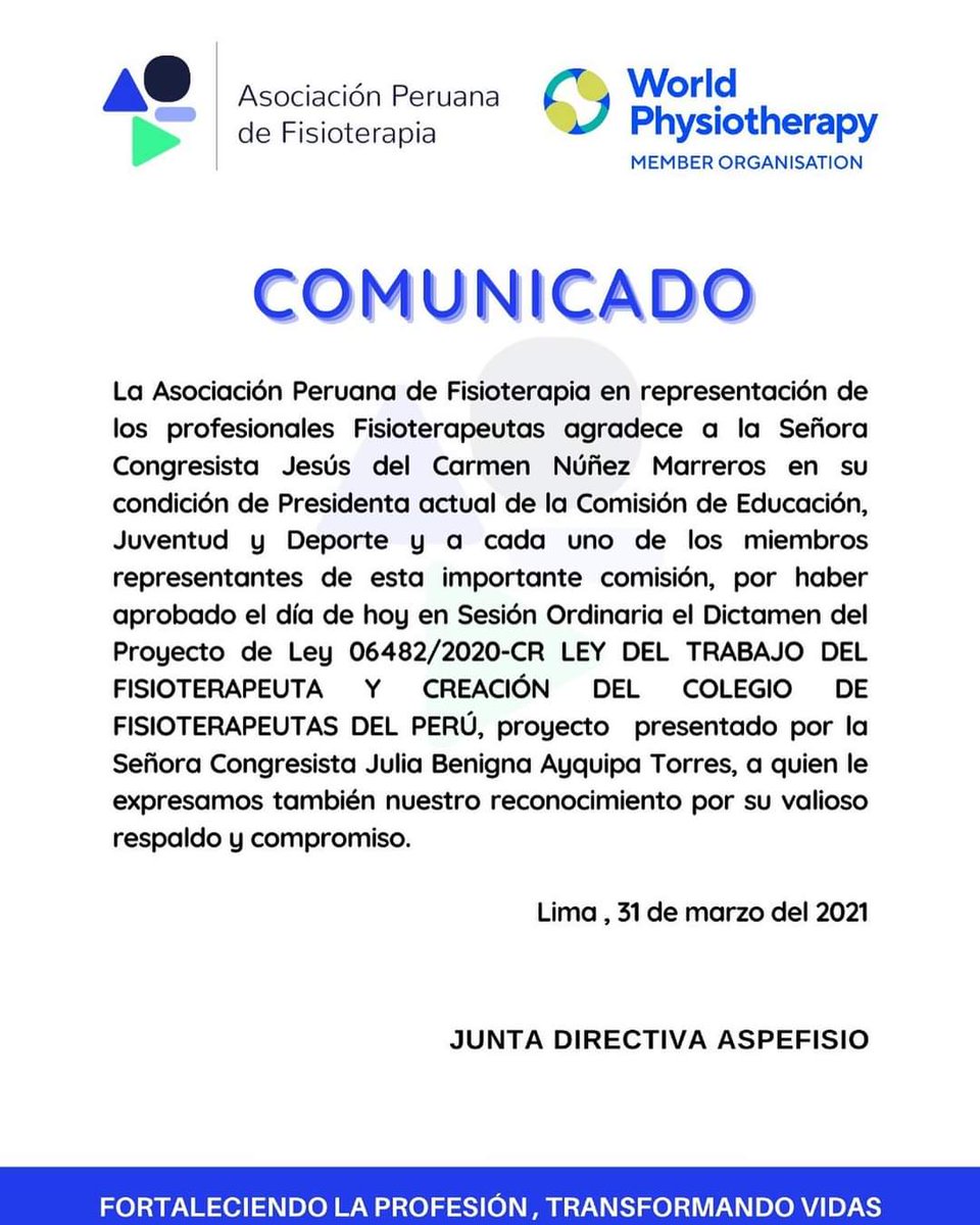 ASPEFISIO's tweet photo. 🔊31 de marzo día histórico para la FISIOTERAPIA. Fue APROBADO el dictamen, en la Comisión De Educación  Juventud y Deporte, del PROYECTO 6482  LEY DE TRABAJO DEL FISIOTERAPEUTA Y DE CREACIÓN DEL COLEGIO DE FISIOTERAPEUTAS DEL PERÚ.
#FisioterapiaUnaSolaFuerza https://t.co/3miVfWNDZT