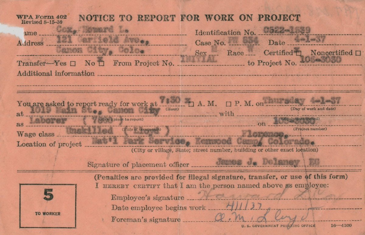 RGRMHC's tweet photo. The Works Progress Administration was a work relief program that employed job-seekers to carry out public works projects. This report to work notice was issued to Howard Cox, who was sent to work on projects for the NPS at Kenwood. He was scheduled to start in April 1, 1937. ⁣ https://t.co/mtUey12JX6