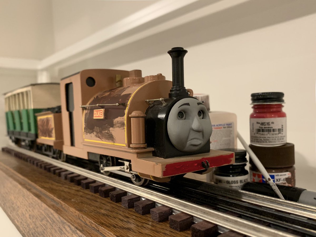 ThomasTankMerch's tweet photo. We don’t have a new prop to show guys today, but we do have some exciting news! Due to popular demand, we will be repainting Duke back into his old livery! We couldn’t decide whether to do Bertram or his s4 colors, so we did a mix of both to please everyone. We hope you like it! https://t.co/rJAvYqdWC9
