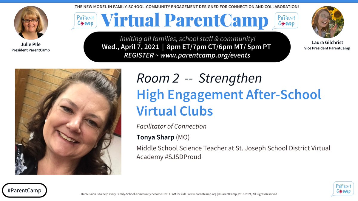 Welcome to Rm 2 Virtual #ParentCamp where you'll explore together High Engagement After-School Clubs! Dialogue flow thru the room facilitated by amazing Tonya Sharp @sharpscience1 TY! As a leader & learner, join this rm whenever you'd like. Reg parentcamp.org/event/2021-04-…