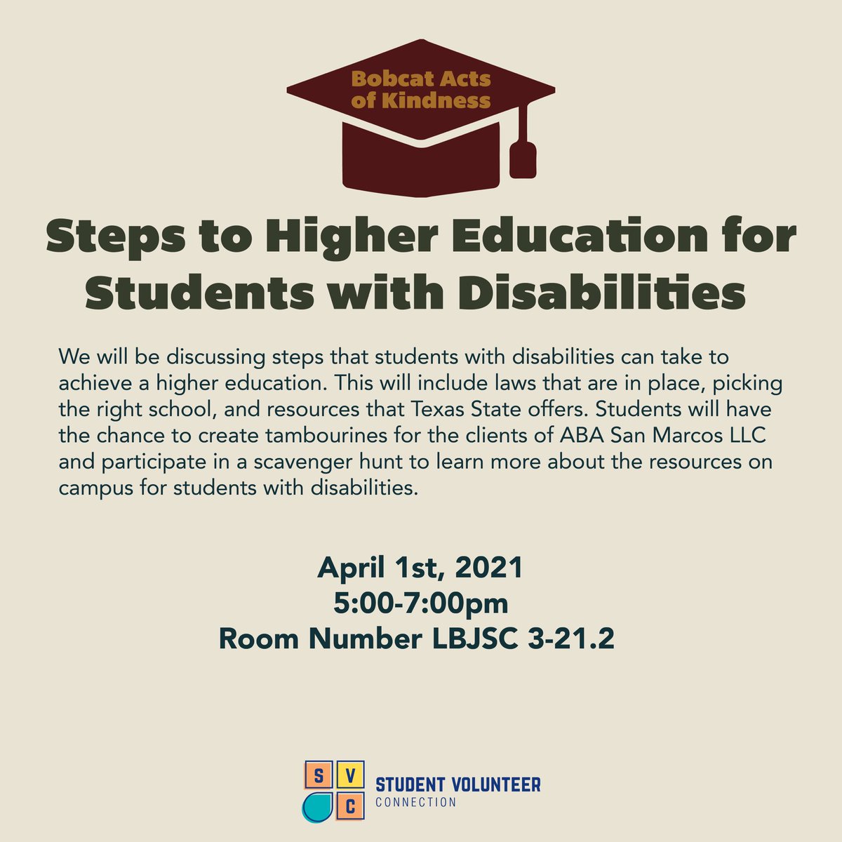 TXST_SVC's tweet image. Bobcats, it’s time for our monthly Bobcats Acts of Kindness! We’re creating tambourines for the clients of ABA San Marcos and doing a scavenger hunt to learn more about resources for those with disabilities on campus.Invite a friend and show out with Student Volunteer Connection!