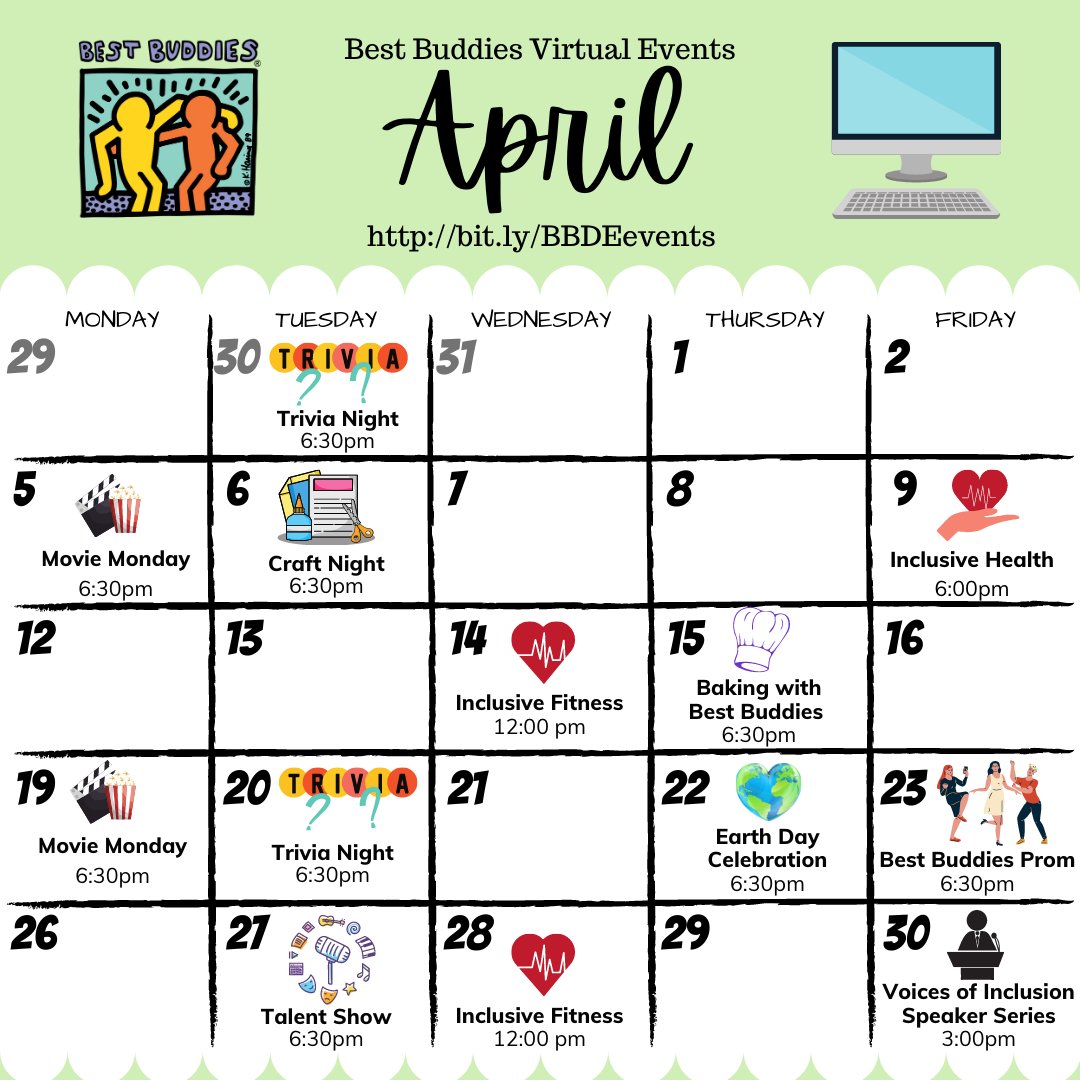 HAPPY APRIL! 💛💚 We are so excited to kick off another AWESOME month of virtual events for our DE participants! Be sure to sign up for the events at bit.ly/BBDEevents to join in on all of the fun. We hope to see you there!