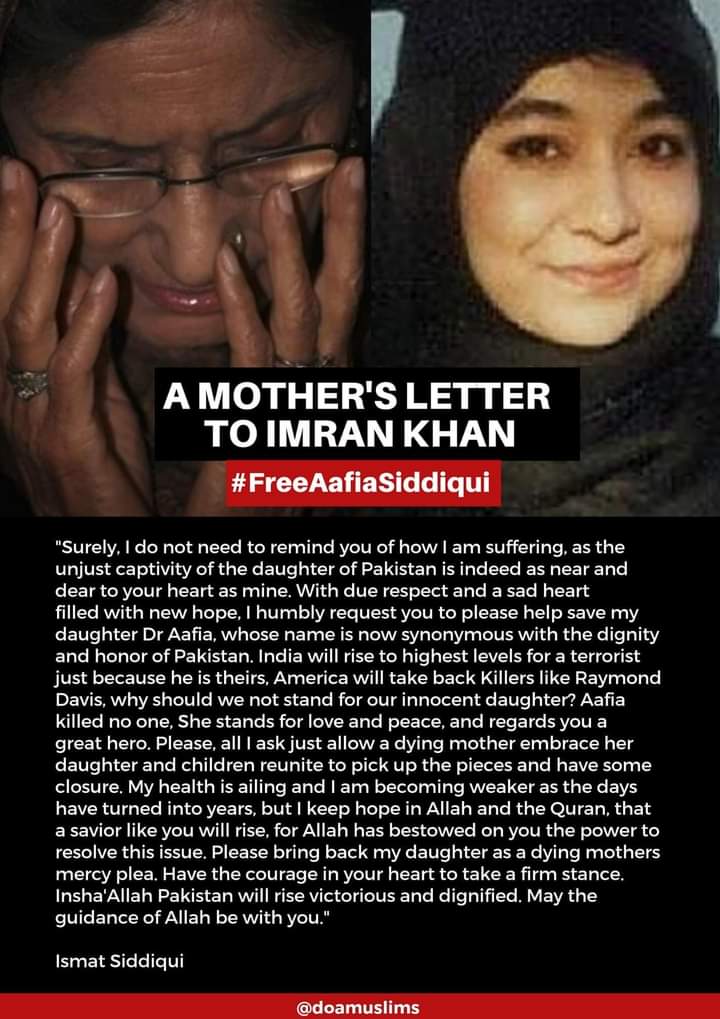 iamToheedHaider's tweet photo. The mother of Dr Aafia Siddiqui wrote an open letter to Prime Minister @ImranKhanPTI in 2019 urging him to help free her daughter from US captivity.
@iqrarulhassan
@SAfridiOfficial
#FreeDrAafiaSiddiqui #aafialifeisindanger #Pakistan https://t.co/XocRXdOUbw