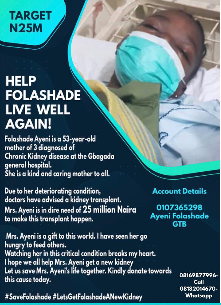 kusssman's tweet photo. Mrs Folashade Ayeni is a 53 year old mother of 3, She has been diagnosed with Chronic Kidney disease and is in need of 25Million Naira for her pre-surgery and post-surgery treatment.
Let’s help Mrs Ayeni get a new kidney.
#SaveFolashade #LetsGetFolashadeANewKidney
Please RT 🙏 https://t.co/Rk2ljYmIdK